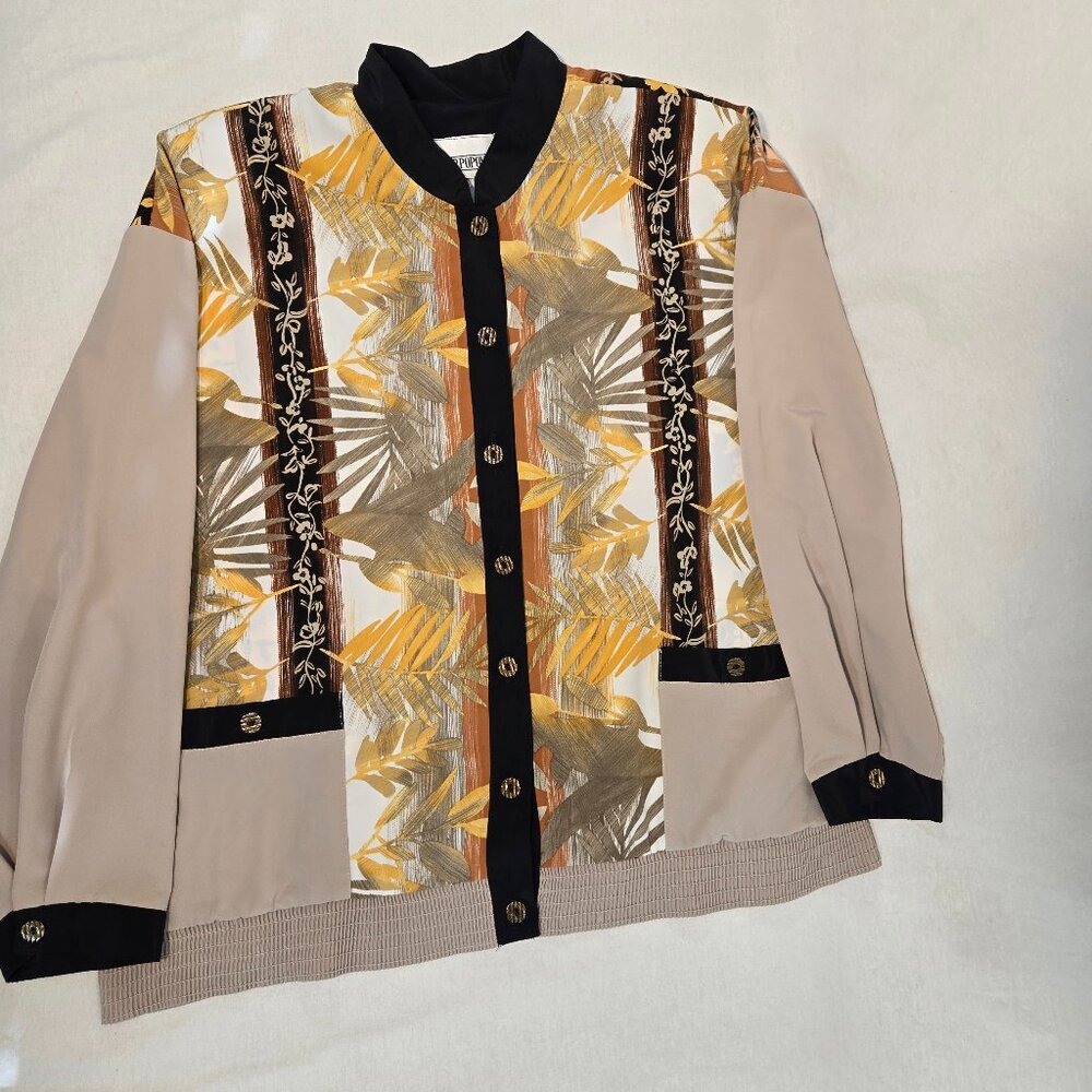 USA Made PETER POPOVITCH Vintage Retro Silky Tan  Floral Bomber Jacket Size X-L. - Picture 3 of 16
